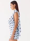 Get Me Halter Mini Dress Blue Mocha Dot