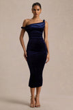 Carella Navy Velvet Twisted Asymmetric Midi Dress