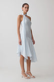 Evelina Halter Asymmetric Hem Midi Dress Ice Blue