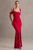 Amoura Red Square Neck Draped Wrap Maxi Dress