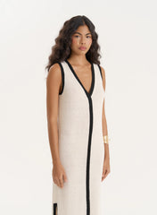 Ecru Knitted Contrast Trim Midaxi Dress