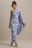 Clementina Purple Lily Print Asymmetric Cape Sleeve Maxi Dress