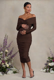 Davina Brown Ruched Twist Bardot Maternity Midi Dress