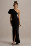 Vittoria Black Asymmetric Puff Sleeve Split Maxi Dress