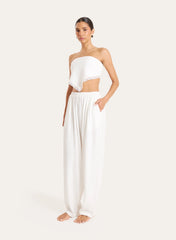 White Linen Blend Tie Back Bandeau Crop Scarf Top