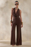 Clemence Brown Plunge Neck Jumpsuit