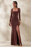 Renalia Brown Square Neck Maxi Dress With Mesh Long Sleeves