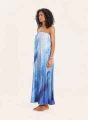 Blue Ombre Print Plisse Bandeau Maxi Dress