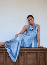 Light Blue Satin Cowl Neck Maxi Dress