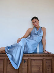 Light Blue Satin Cowl Neck Maxi Dress