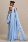 Reyna Powder Blue Pleated Chiffon Cold Shoulder Maxi Dress