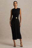 Harlow Black Crew Neck Wrapped Midi Dress