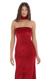 Velvet Reverse Halter Maxi Dress in Red