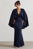 Yasie Navy Satin Plunge Neck Maxi Dress With Cape Sleeves