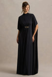 Olessia Black Belted Gathered Cape Sleeve Maxi Dress