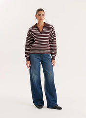 Brown And White Stripe Knitted Rugby Top