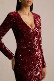 Ritz Burgundy Sequin Plunge Neck Mini Dress With Long Sleeves