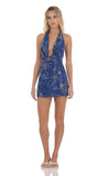 Sequin Plunge Cowl Neck Dress in Royal Blue