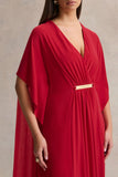 Romilly Red Plunge Neck Maxi Dress With Gathered Detail