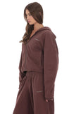 Cropped Fleece Zip Up Hoodie in Brown