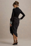Luanna Black Satin Long Sleeve Midi Dress With Draped Skirt And Embellised Cuffs
