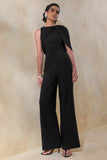 Quinley Black Asymmetric Neck Jumpsuit With Cape Sleeve