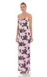 Mesh Lilly Print Cowl Neck Maxi Dress in Pink