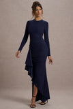 Alayna Navy Long Sleeve Maxi Dress With Ruffled Split