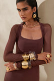 Renalia Brown Square Neck Maxi Dress With Mesh Long Sleeves