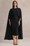 Kalani Black Crew Neck Midi Dress With Cape Sleeves
