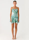 Marine Mist Asymmetric Hem Mini Dress Green Paisley