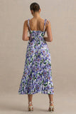 Peyton Purple Lily Print Satin Sweetheart Neck Midi Dress With Pleated Details