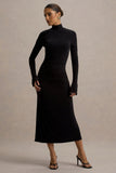 Cassandra Black High Neck Long Sleeve Midi Dress