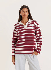 Burgundy And White Thin Striped Rugby Top