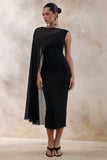 Caloria Black Asymmetric Neck Midi Dress With Mesh Cape