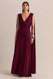 Amelisse Burgundy Plunge Neck Maxi Dress With Ruched Detailing
