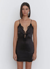 Black Satin Lace Trim Mini Dress