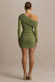 Gina Olive Asymmetric Neck Ruched Mini Dress