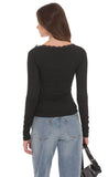 Lace Trim Long Sleeve Top in Black