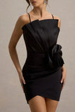 Olivette Black Ruffled Mini Dress With Corsage Detail