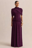 Evelisse Plum High Neck Maxi Dress With Short Cape Sleeves