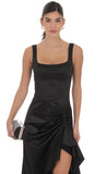 Satin Ruched Ruffle Slit Maxi Dress in Black