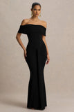 Envisioned Black Bardot Neck Maxi Dress With Gathered And Drape Detail