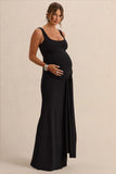 Felise Black Scoop Neck Maternity Maxi Dress With Gathered Detailing