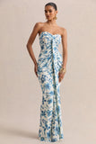 Ali Blue Porcelain Print Sweetheart Ruched Wrap Maxi Dress