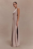 Lyla Asymmetrical Satin Maxi Dress Bronze Taupe