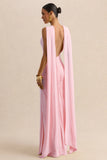 Premiere Light Pink Boat Neck Maxi Dress With Cape Sleeves And Open Back