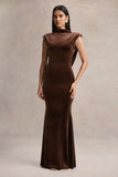 Malora Brown Velvet High Neck Maxi Dress With Open Back