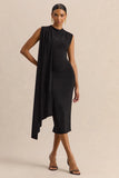 Oleandra Black High Neck Midi Dress With Draped Detail