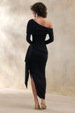 Franca Black Asymmetric Neck Midi Dress With Draped And Gathered Detailing
